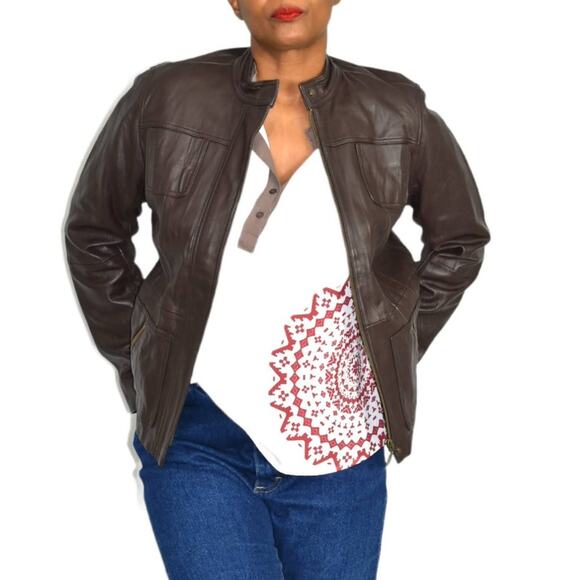 Chicos Leather Jacket Brown Cafe Racer Biker Pockets Zippered Size Small Davita - Picture 8 of 15